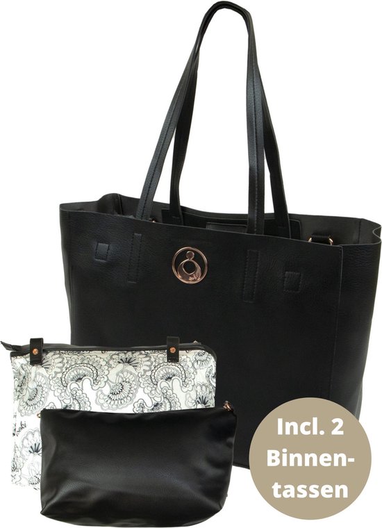 Grote Zwarte Luiertas Schoudertas Avoca Tote Coal - Uitneembare Binnentassen - Lederlook van Little Company