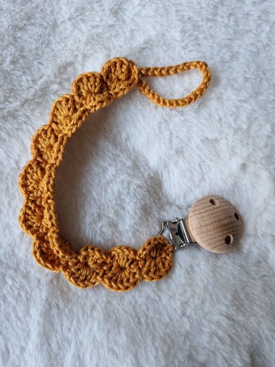 Haaksels&Kralen - Speenkoord bloem gehaakt - Kleur oker - kraamkado - zwangerschap - baby geschenkset - babyshower - zwanger van Haaksels&Kralen