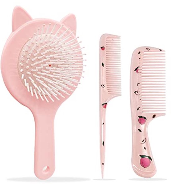 Haarborstel Set Voor Meisjes - 3 In 1 Mini Haarborstel, Massageborstel, en Kam in Roze van Merkloos