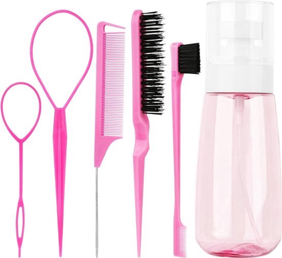 Haarstylingkamset - Borstelen - Multifunctioneel - Roze - Kammen - Thuisgebruik - Haargeredschap - Geschikt voor alle haartypes - Set van 8 met sprayfles - Haarstyling accessoires