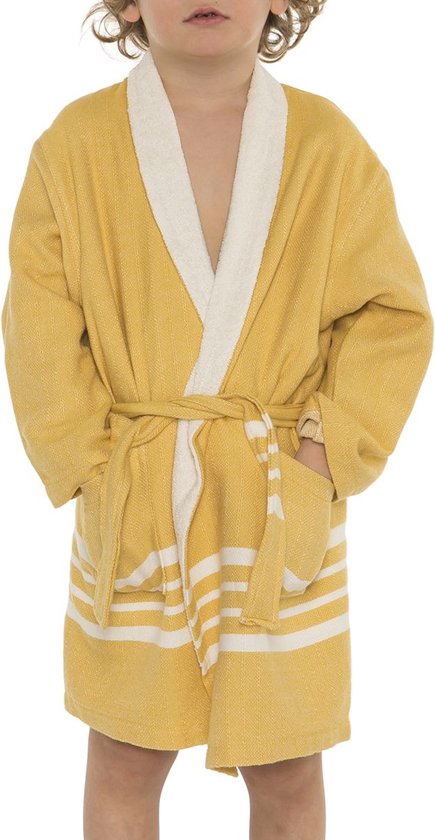 Hamam Kinderbadjas Mustard Yellow - 2-3 jaar - jongens/meisjes/uniseks - badjas kind / kinderen - badjas kind badstof - zwembadjas - 2-3 jaar - jongens/meisjes/unisex pasvorm - comfortabele sjaalkraag - kinder badjassen - kinder badjas badstof van Hama