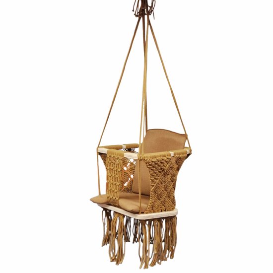 Hand Gevlochten Baby / Kinder Schommel! - Macramé Schommel Inclusief Kussentjes - Baby Swing Bruin- Schommelstoel inclusief Bevestigingsmaterialen - Gemonteerd Verzonden! van Calitex