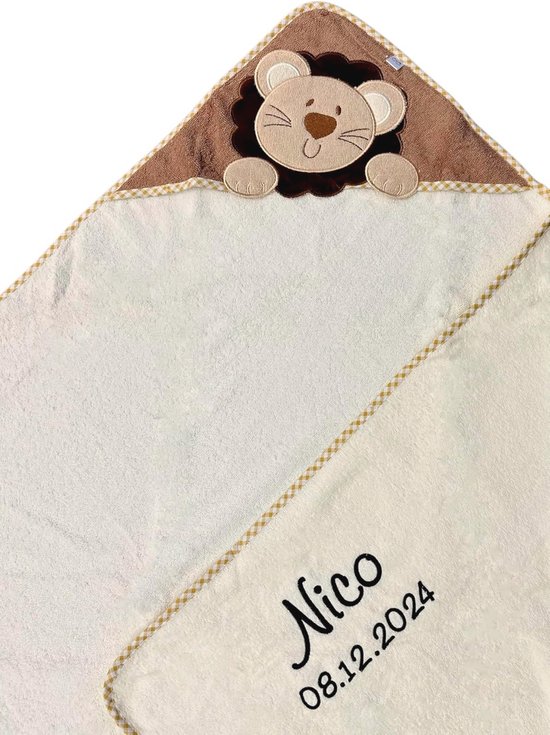 Handdoek met capuchon, gepersonaliseerd met naam en geboortedatum, 100% katoen, knuffelzacht
