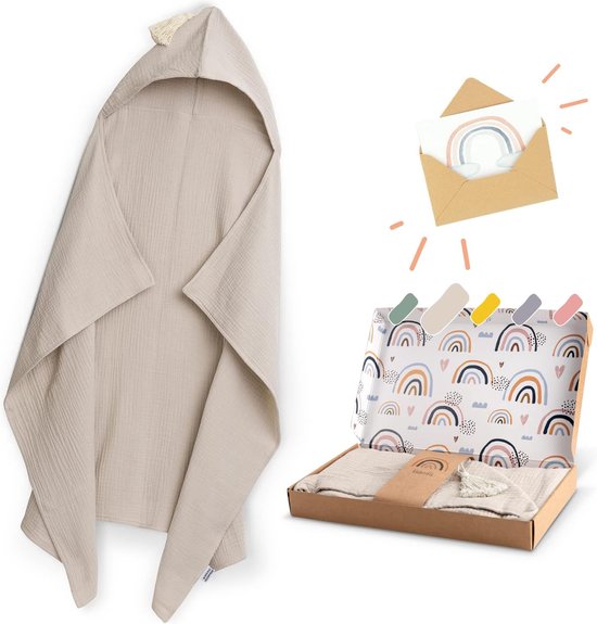 Handdoek met capuchon voor baby's 75 cm x 100 cm, geboortegeschenk jongen & meisje (beige) van Fruity Roots