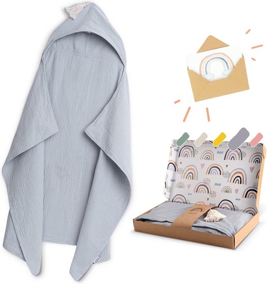 Handdoek met capuchon voor baby's 75 cm x 100 cm, geboortegeschenk jongen & meisje (blauw-grijs) van Amélie & Max