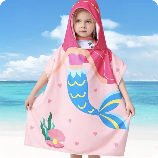 Handdoek voor Kids - Thema: Mermaid / Zeemeermin - Badhanddoek / Strand Handdoek voor Jongens & Meisjes - Badcape - Formaat: 60 x 120 cm - Kinderen 2 tot 8 jaar - Strandlaken - Capuchon / Cape - Hoge Kwaliteit - Grote Handdoek - XL Handdoek van Merkloos