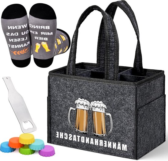 Handgemaakte Flessentas voor Mannen, Geschikt voor 6 Bierflessen, Perfect voor Feestjes, Vaderdag en Verjaardagen met Flesopener en Bier Sokken, Grijs