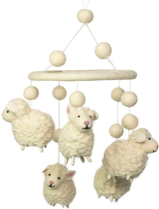 handgemaakte vilten mobile - schapen - mobiel vilt kinderkamer - vilten baby mobiel - 20x55 cm