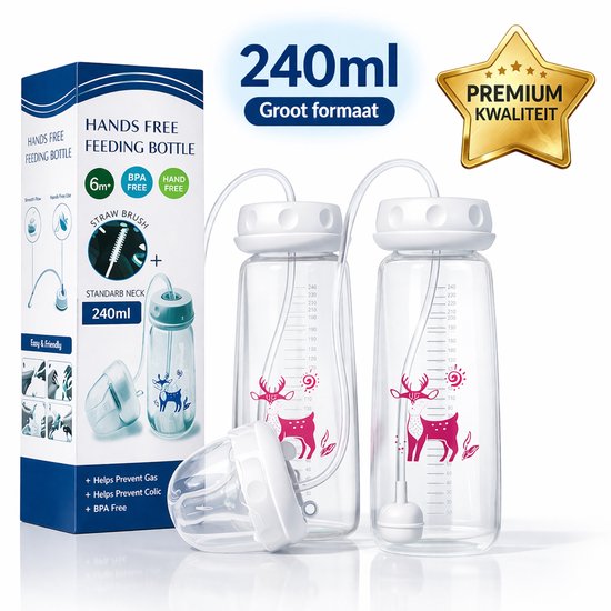 Hands Free Babyfles - 2 Stuks (1+1) - BPA-vrij - Anti-Koliek - Hands Free Feeding Bottle - 240 ml van Merkloos