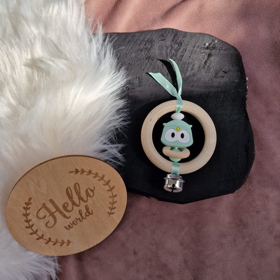 Happy Bebie | Uil | Baby | Rammelaar | Kraamkado | Silicone | Hout | Bel | Handmade van Merkloos