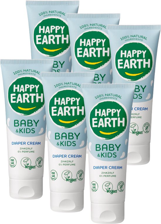 Happy Earth Baby & Kids 100% Natuurlijke Zink Billencrème - Babyverzorging – Met plantaardige huidverzachter – Geschikt voor pasgeborenen – Microplasticvrij - 6 x 75ml – Voordeelverpakking van Merkloos