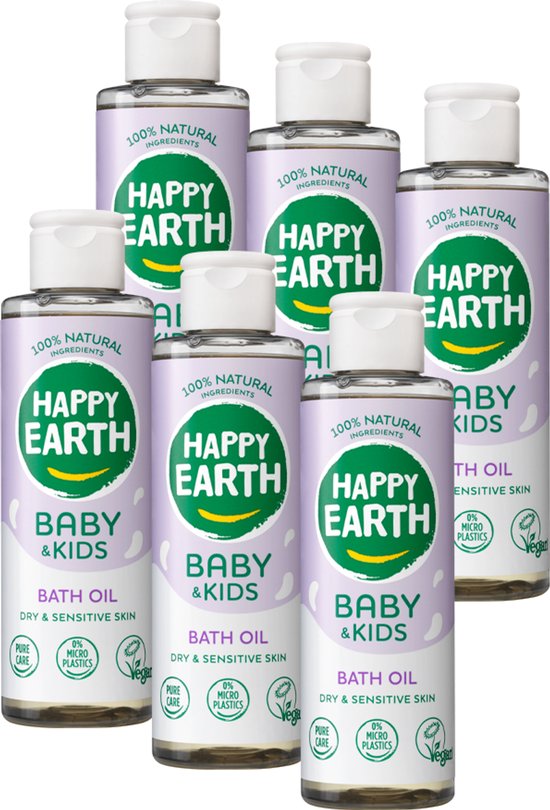 Happy Earth Bundel Badolie Baby & Kids - 100% natuurlijk - Microplasticvrij - Babyverzorging – Met plantaardige huidverzachter – Geschikt voor pasgeborenen - 6x150mL - Voordeelverpakking van Merkloos