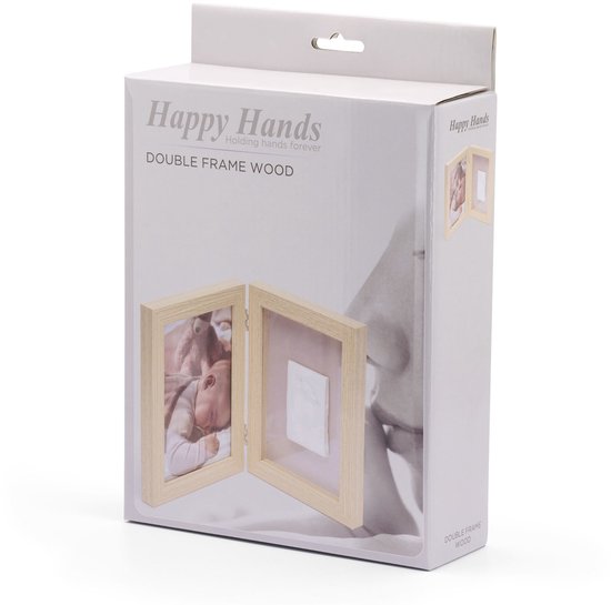 Happy Hands - Baby Hand- & Voetafdruk Lijst – Houten Frame met Huidvriendelijke Klei – Inclusief Foto Vak & Handleiding – Makkelijk DIY Herinnering – Perfect Kraamcadeau, Vaderdag of Moederdag (17x22x4,5 cm ingeklapt)