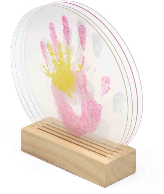 Happy Hands Family Handafdruk Set – DIY Handprint Kit voor Gezin – Inclusief 4 Kleuren Babyveilige Verf, Acrylplaten & Houten Standaard – Origineel Kraamcadeau of Vader/Moederdag Cadeau