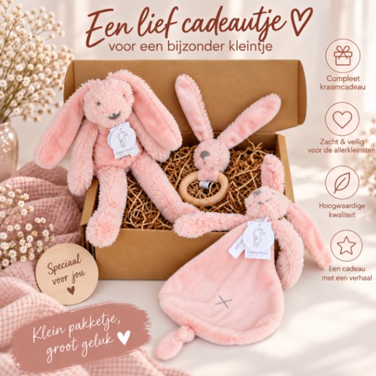 Happy Horse Rabbit Richie - Kraamcadeau Geschenkset - 3-delig - Oudroze - Knuffel, Knuffeldoekje en Houten Bijtring