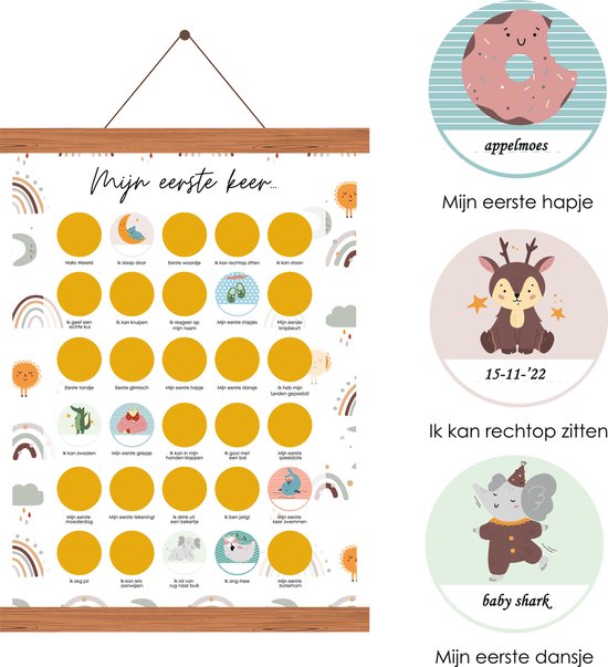 Happy Walls - 30 Mijlpalen Krasposter - Baby's Eerste Jaar - Kraamcadeau 0 tot 1 Jaar - Unisex - Cadeau Jongen en Meisje - Met Houten Posterhanger van Happy Walls