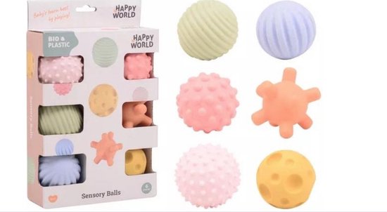 Happy World - Sensory Balls - Speelballen - Bio Plastic - 6 Stuks - Duurzaam - Zintuigballen - Sensorische ballen, Stimuleren Van Motoriek en Zintuigen, 6 Verschillende Kleuren En Texturen - Educatief - Speelgoed Voor Baby's En Peuters - Spelen - van Merkloos