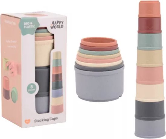 Happy World - Stapelbekers - Stapeltoren - Baby Speelgoed vanaf 0 jaar - 8 Verschillende Kleuren - Bad Speelgoed - Leerzaam - Leerzaam Speelgoed - Stapelbare Bekers - Stapel Blokken - Verschillende Vormen - Montessori - Stapelbekers - Bio Plastic -
