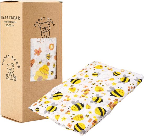 HappyBear - Hydrofiele swaddle doek – Bijen | 120cm x 120cm | Inbakerdoek van HappyBear