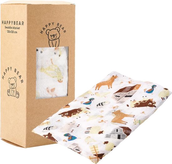 HappyBear - Hydrofiele swaddle doek – Boerderij | 120cm x 120cm | Inbakerdoek van HappyBear