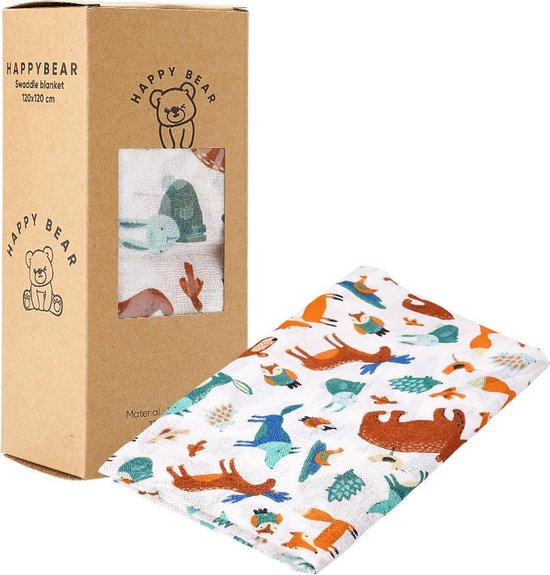 HappyBear - Hydrofiele swaddle doek - Bosdieren - 120cm x 120cm - Inbakerdoek van HappyBear