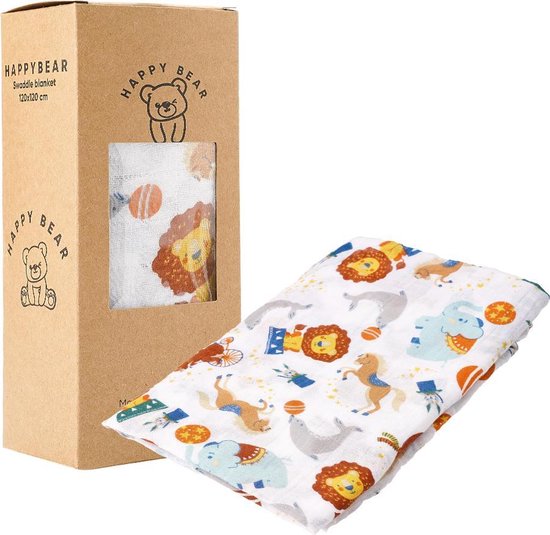 HappyBear - Hydrofiele swaddle doek - Circus - 120cm x 120cm - Inbakerdoek van Merkloos