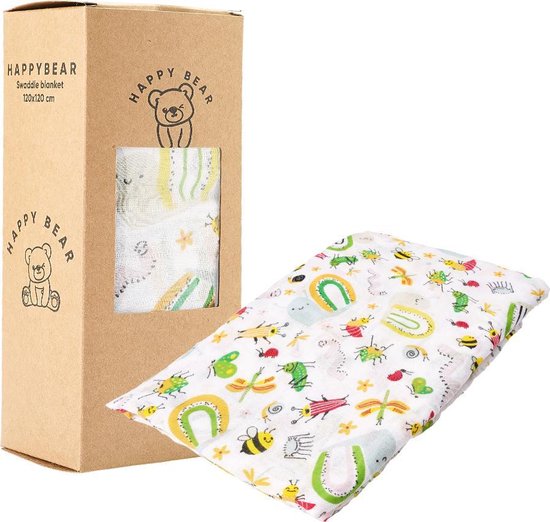 HappyBear - Hydrofiele swaddle doek – Insecten | 120cm x 120cm | Inbakerdoek van HappyBear