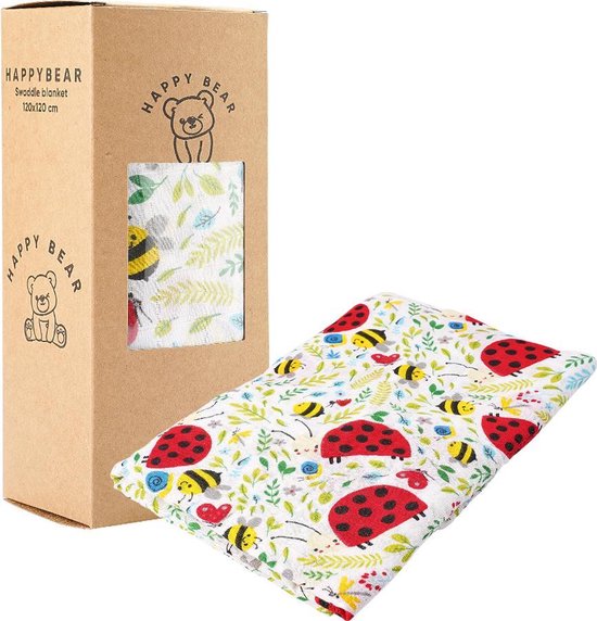 HappyBear - Hydrofiele swaddle doek – Lieveheersbeestjes | 120cm x 120cm | Inbakerdoek van HappyBear