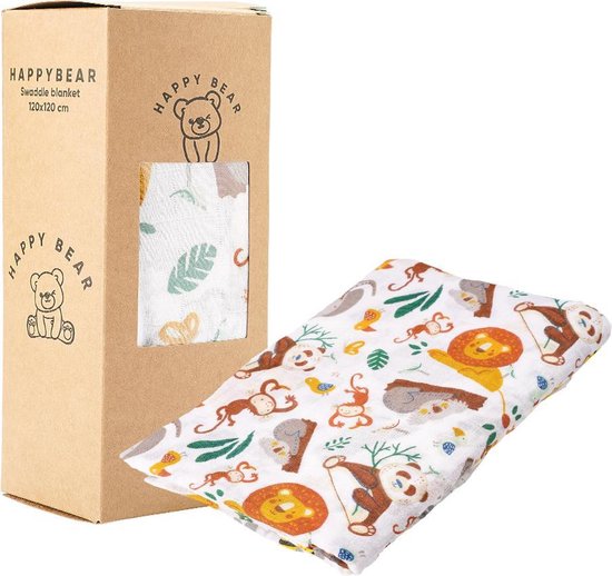 HappyBear - Hydrofiele swaddle doek – Wilde Dieren | 120cm x 120cm | Inbakerdoek van HappyBear