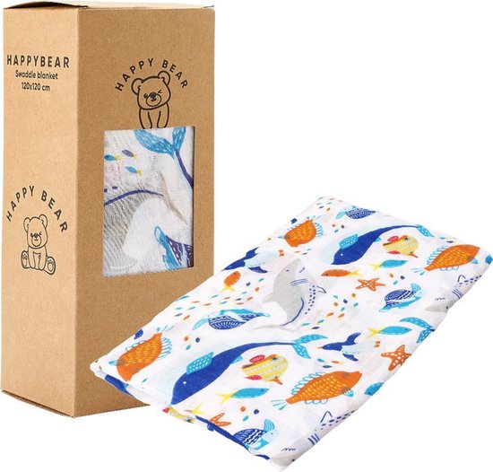 HappyBear - Hydrofiele swaddle doek – Zeedieren | 120cm x 120cm | Inbakerdoek van Merkloos