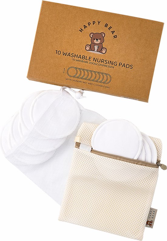 HappyBear | Wasbare zoogcompressen | 10 stuks | 10cm | Met afsluitbaar wasnetje en tasje | Comfortabele binnenlaag van bamboestof | Goed absorberende en compacte zoogcompressen van HappyBear