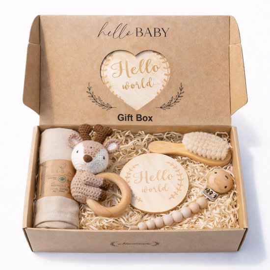 HappyBeebies - Luxe "Hello World" Baby CadeauSet - Kraamcadeau - Hertje Bruin van HappyBeebies