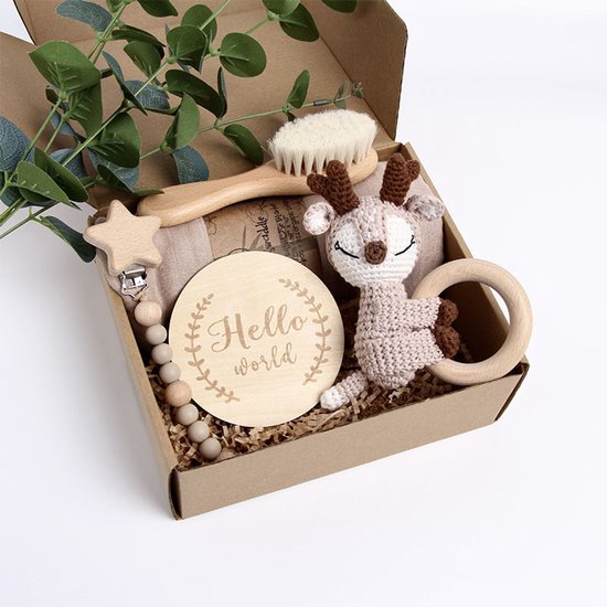 HappyBeebies - Luxe "Hello World" Baby CadeauSet - Kraamcadeau - Hertje Bruin van HappyBeebies