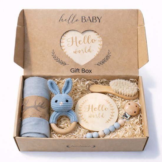 HappyBeebies - Luxe "Hello World" Baby CadeauSet - Kraamcadeau - Konijn Blauw van HappyBeebies