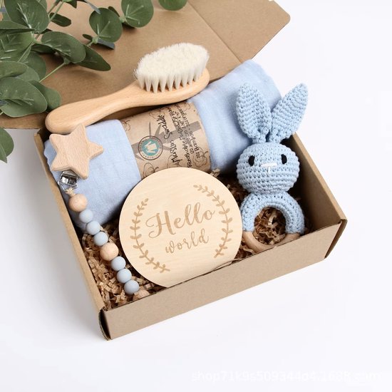 HappyBeebies - Luxe "Hello World" Baby CadeauSet - Kraamcadeau - Konijn Blauw van HappyBeebies