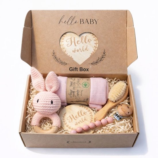 HappyBeebies - Luxe "Hello World" Baby CadeauSet - Kraamcadeau - Konijn Roze van HappyBeebies