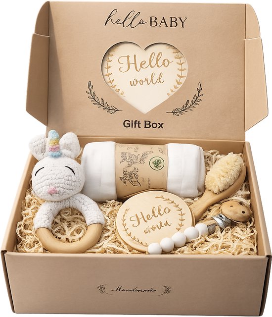 HappyBeebies - Luxe "Hello World" Baby CadeauSet - Kraamcadeau - Meerkleurige Eenhoorn