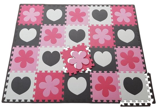 Hart en Bloem Foam Puzzel Speelmat - 20 Speelmatten - Uitneembare Figuren - Opbergtas - Afwerkranden - Grijs - Wit - Roze - Puzzelmat 152x122x1cm van Lalaloom