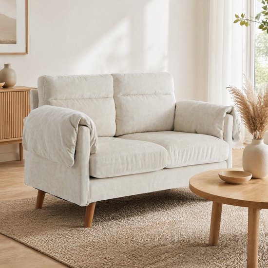 HAUSS SPOLE Fauteuil - Compacte 2-Zits Bank - Ruimtebesparend Met Zachte Chenille Bekleding - Voor Woonkamer En Slaapkamer - Hout Beige