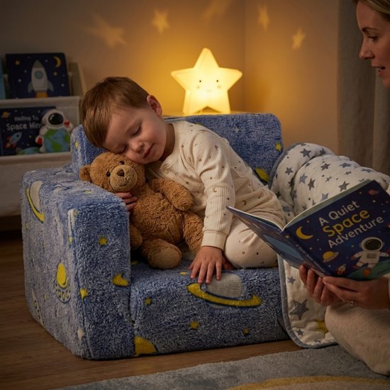 HAUSS SPOLE Kinderfauteuil - Opvouwbare Pluche Fauteuil Met Lichtgevend Ruimtepatroon - Voor Lezen En Rusten - Stof Blauw