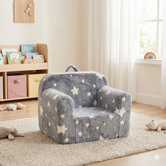 HAUSS SPOLE Kinderfauteuil - Zachte Kindersofa Met Armleuningen, Draaggreep En Afneembare Hoes - Voor Kinderkamer En Speelhoek - Stof Grijs Met Sterren