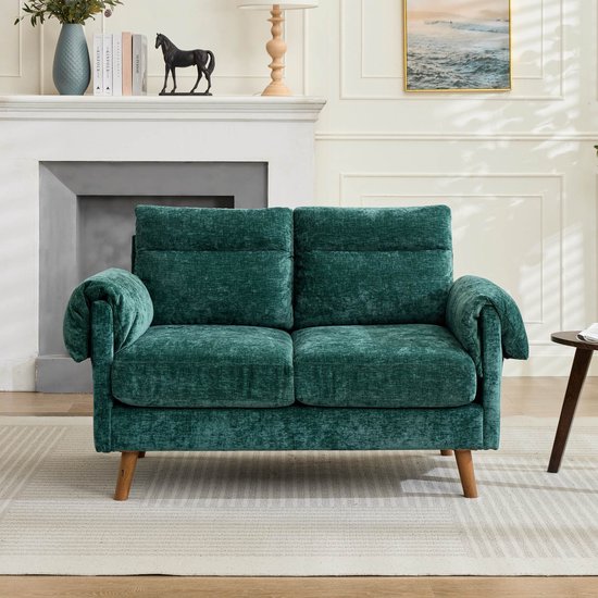 HAUSS SPOLE Zitbank - 2-Zits Bank - Compact En Ruimtebesparend Met Zachte Chenille Bekleding - Voor Woonkamer En Slaapkamer - Hout Groen