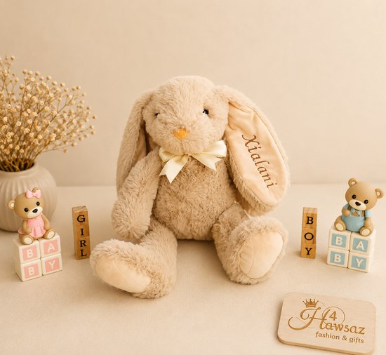 Hawsaz.nl kraamcadeau - Mijn Eerste Knuffel Konijn met Naam 40 cm - Babyshower - Gepersonaliseerde - Geboorteacdeau - Baby cadeau - Luxe cadeau