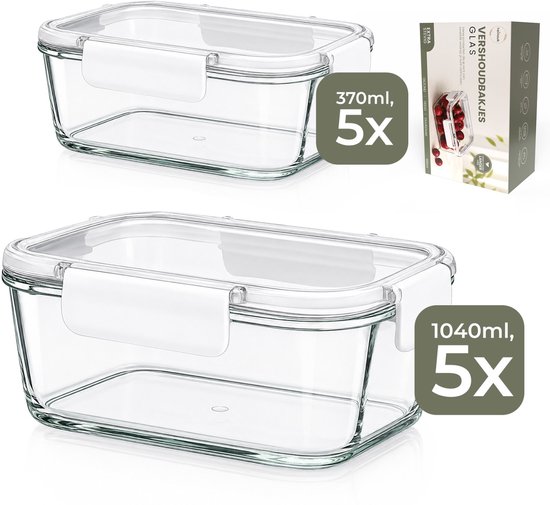Heinouk® Glazen Vershoudbakjes Set 10 Stuks – Vershoudbakjes Glas met Deksel – 5x 370 ml & 5x 1040 ml – Lekvrij & BPA-vrij – Meal Prep Bakjes – Bewaarbakjes – Oven, Magnetron, Vriezer & Vaatwasser Bestendig