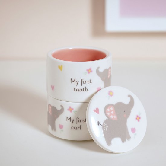 Hello baby tandendoosje en haarlokdoosje keramiek olifantje roze
