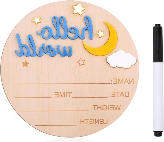 Hello World Nieuwgeboren Houten Bord voor Baby jongen of meisje - Schattige Geboorte Aankondiging en Babyshower Foto Rekwisieten - Welkomsbord met Naam - Hemelsblauw van Merkloos