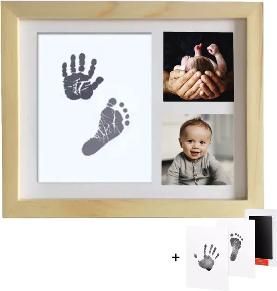 Helofa Fotolijst met Inktafdruk – Baby Voet en Hand Inkt Afdruk – Houtkleur Fotolijstje – Kraamcadeau Lijstje en Babyshower – Gipsbuik – Lijst van Helofa