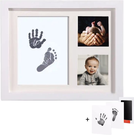 Helofa Fotolijst met Inktafdruk – Baby Voet en Hand Inkt Afdruk – Wit Fotolijstje – Kraamcadeau Lijstje en Babyshower – Gipsbuik – Lijst
