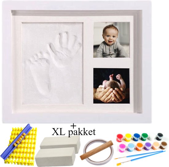 Helofa Fotolijst met Nederlandse Klei Afdruk –XL pakket met 2 Afdrukken en 12 Delige Verfset– Baby Hand en Voet – Wit Lijstje – Kraamcadeau en Babyshower – Gipsbuik van Helofa