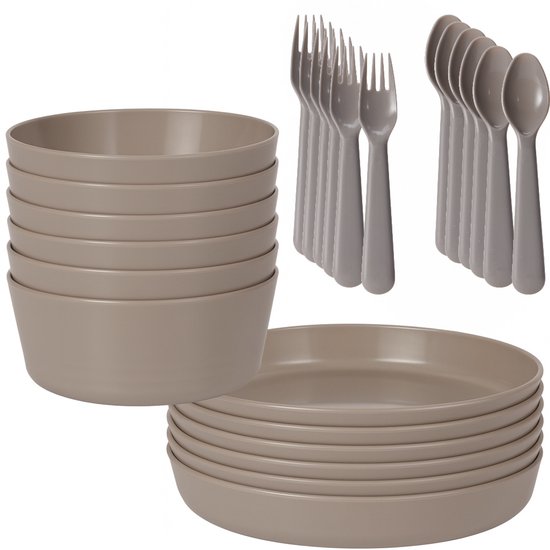 HEM 24-delig Serviesset 6 Persoons – Grijs Kunststof – Picknickset – BPA-vrij & Vaatwasserbestendig – 6x Bord, 6x Kom, 6x Vork, 6x Lepel – Lichtgewicht Plastic Servies – Met HEM Opbergzak van Merkloos